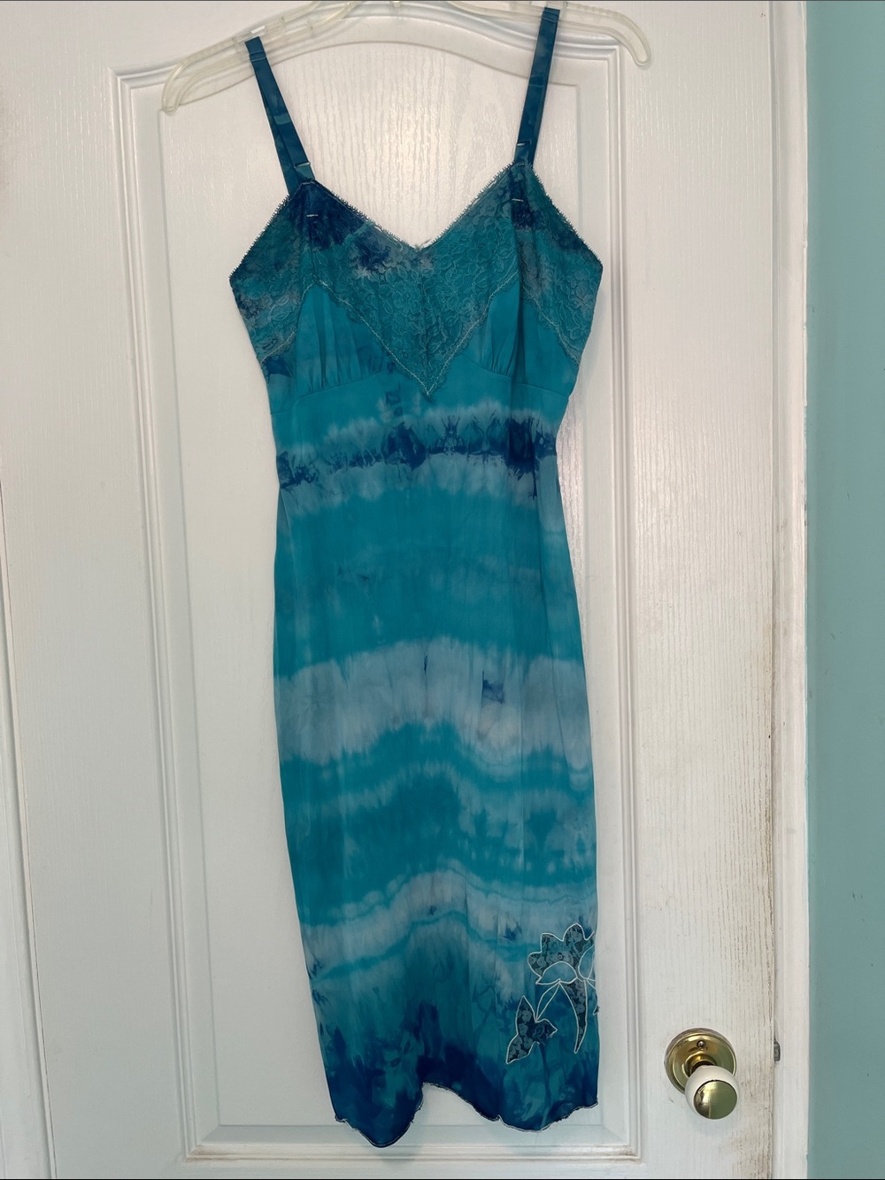 Vintage Blue Tie-Dye Lace Trim Slip Dress